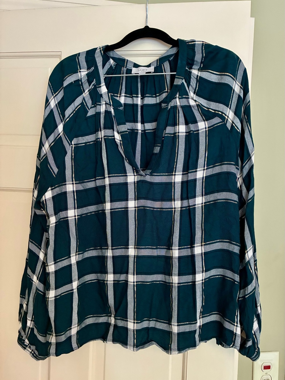 LOFT Teal and White/gold Plaid V-Neck Long-Sleeve Blouse